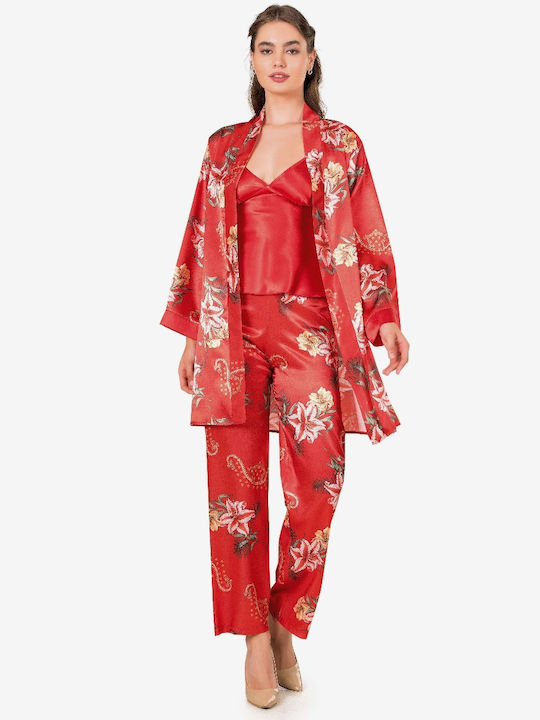 Moongilr Sommer Damen Robe mit Pyjama Rot