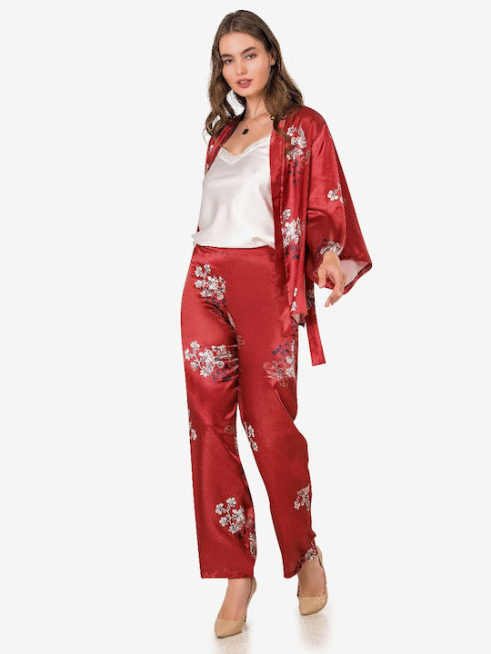 Moongilr Sommer Damen Satin Robe mit Pyjama Rot