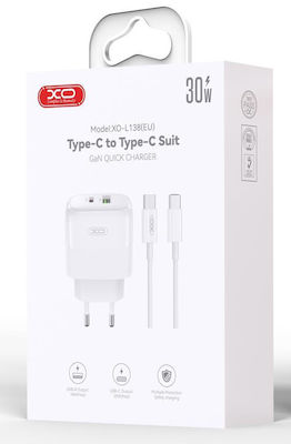 XO Charger with USB-A Port and USB-C Port and Cable USB-C - USB-C 30W Power Delivery Whites (L138)