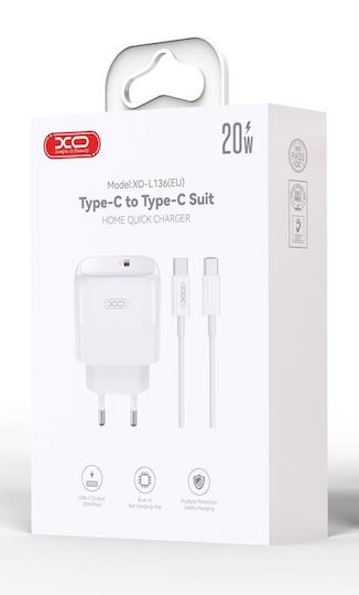 XO Φορτιστής με Θύρα USB-C και Καλώδιο USB-C - USB-C 20W Power Delivery Λευκός (L136)