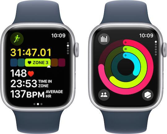 Apple Watch Series 9 Aluminium 45mm Waterproof with Heart Rate Monitor (Silver with Storm Blue Sport Band - S/M)