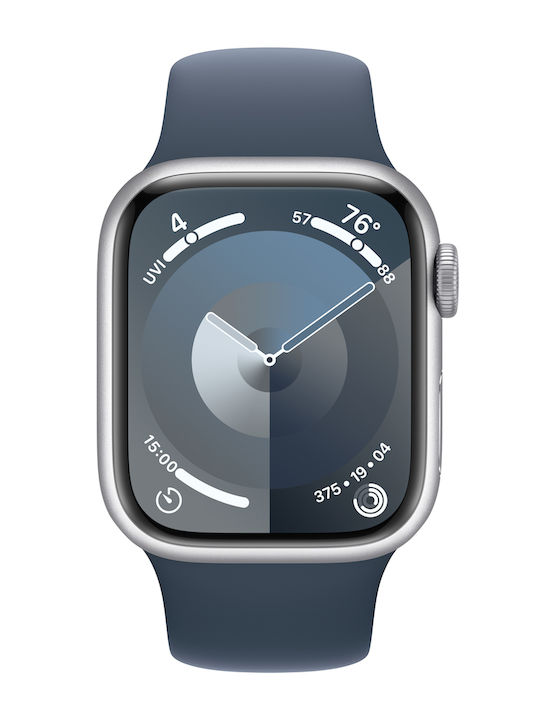 Apple Watch Series 9 Aluminiu 41mm Rezistent la apă cu pulsometru (Argintiu cu bandă sport Storm Blue (S/M))