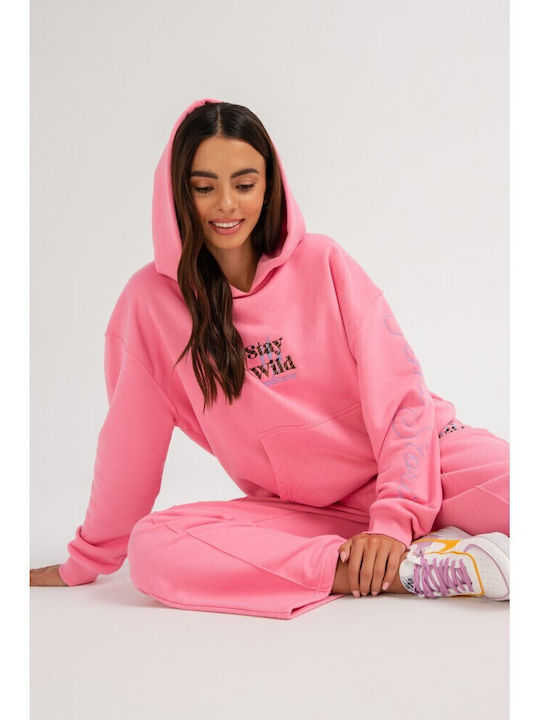 Μακρύ Γυναικείο Φούτερ με Κουκούλα Pink