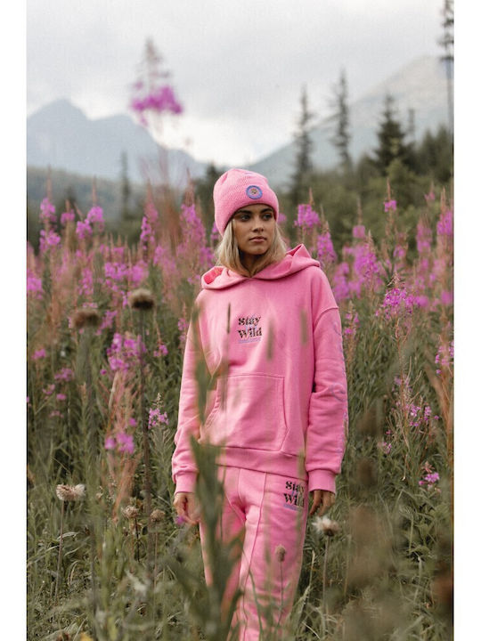 Μακρύ Γυναικείο Φούτερ με Κουκούλα Pink