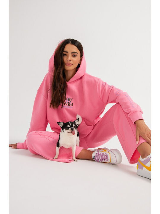 Μακρύ Γυναικείο Φούτερ με Κουκούλα Pink