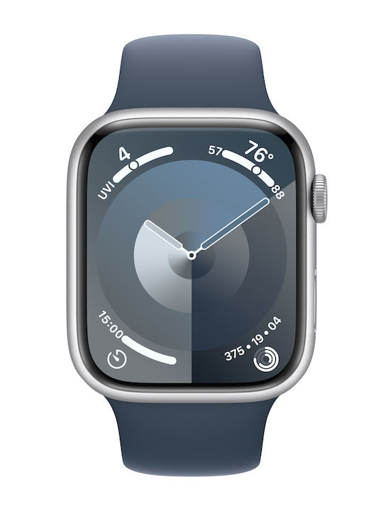 Apple Watch Series 9 Aluminiu 45mm Rezistent la apă cu pulsometru (Argintiu cu bandă sport albastru furtună (S/M))