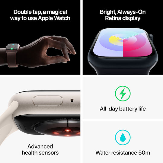 Apple Watch Series 9 Aluminiu 41mm Waterproof cu Pulsometru (Midnight cu Curea Sport Midnight - M/L)
