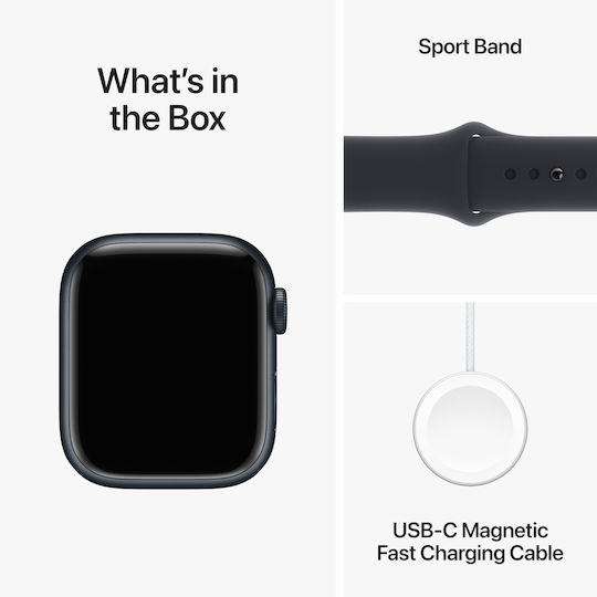Apple Watch Series 9 Aluminiu 41mm Waterproof cu Pulsometru (Midnight cu Curea Sport Midnight - M/L)