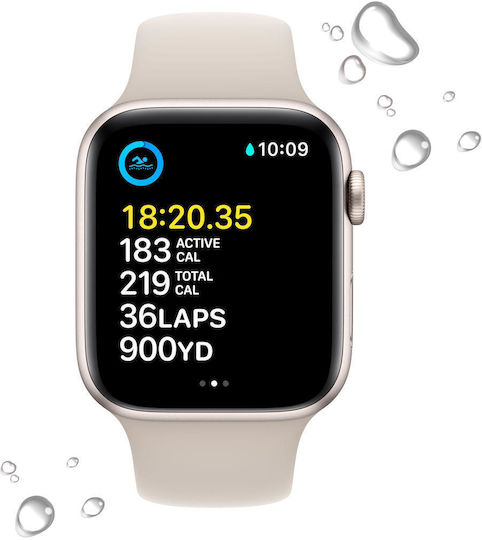Apple Watch SE 2023 Aluminum 44mm Waterproof with Heart Rate Monitor (Starlight with Starlight Sport Band - M/L)