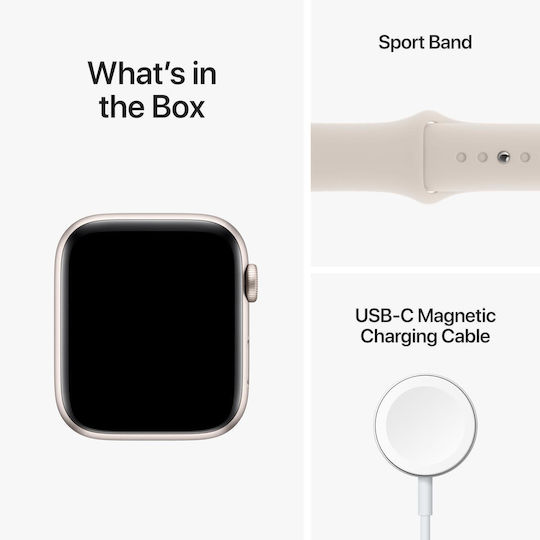 Apple Watch SE 2023 Aluminum 44mm Waterproof with Heart Rate Monitor (Starlight with Starlight Sport Band - M/L)