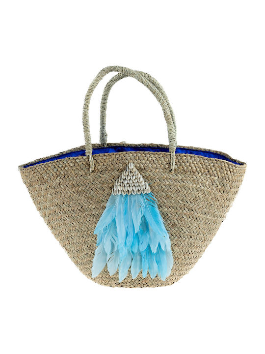 Straw Sea Bag Beige with Blue Feathers and Shells