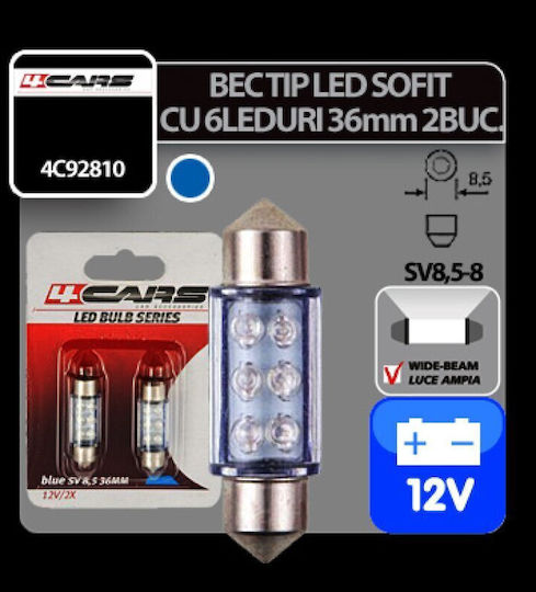 4cars 12v Festoon Lamp 6 Led 10x36mm Sv85-8 2pcs - Albastru
