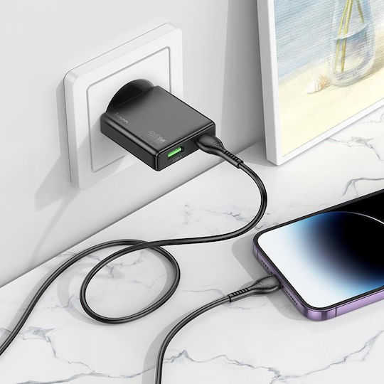 Hoco Charger with USB-A Port and USB-C Port and Cable USB-C - Lightning 20W Power Delivery / Quick Charge 3.0 Blacks (N38 Delgado)