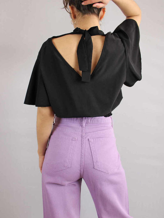 Damen Sommer Crop Top Kurzarm mit V-Ausschnitt Black