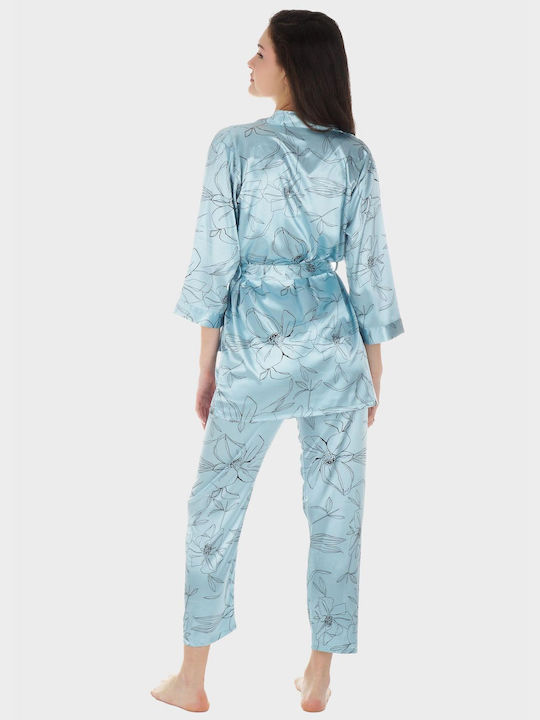 Women's Set Satin Pajama Jacket Top & Pants All Print. Packaging 3pack Aqua