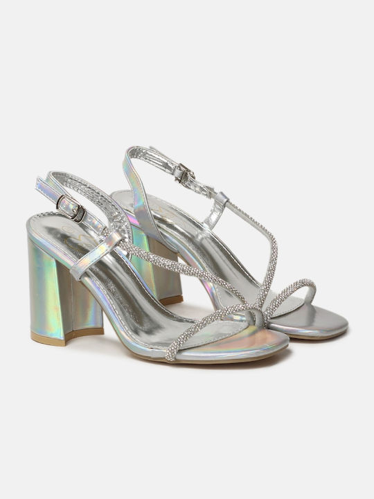 Square Heel Sandals with Silver Strass