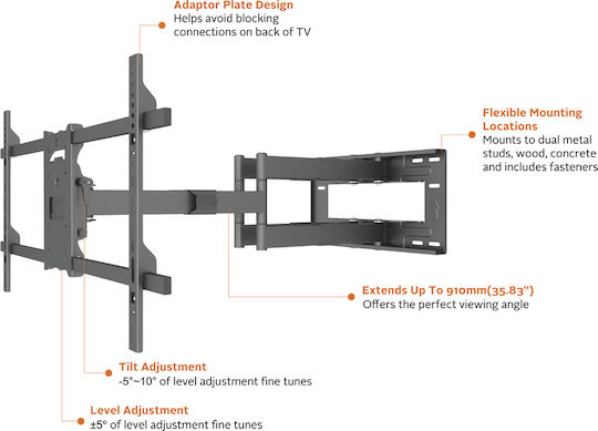 Multibrackets M Universal Long Reach Arm 910mm HD Dual Wall TV Mount with Arm up to 80" and 60kg Black