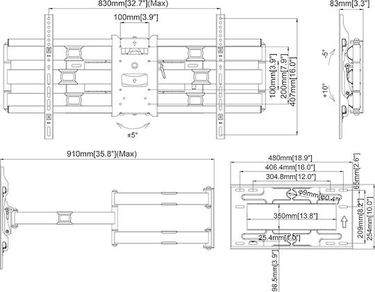 Multibrackets M Universal Long Reach Arm 910mm HD Dual Βάση Τηλεόρασης Τοίχου με Βραχίονα έως 80" και 60kg Μαύρο