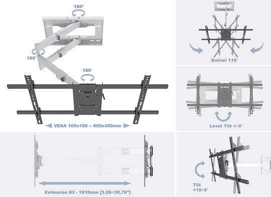 Multibrackets M Universal Long Reach Arm HD 1010mm Single Suport TV de perete cu braț până la 75" și 40kg Alb