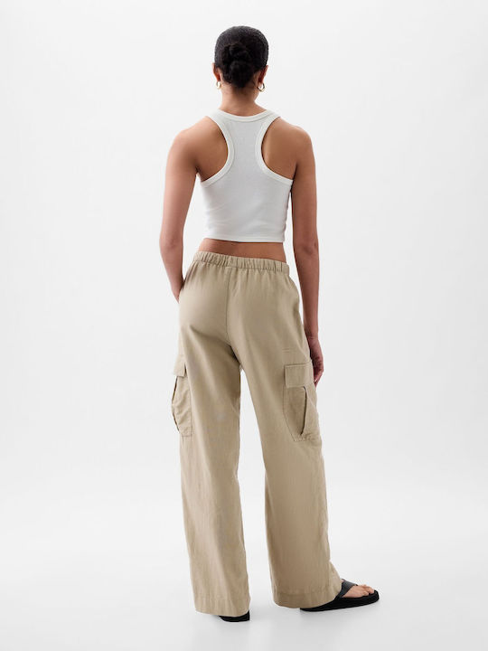 GAP Women's Linen Cargo Trousers with Elastic Brown