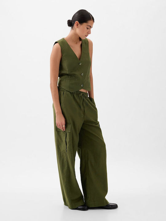 Women's Linen Cargo Trousers with Elastic Green