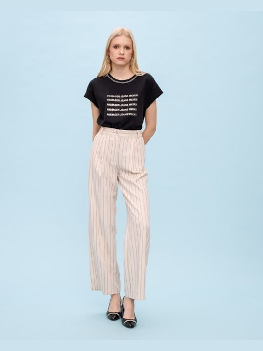Passager Women's High-waisted Fabric Trousers with Elastic Striped Beige