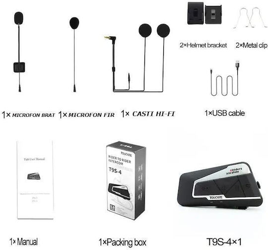 Toucare T9S-4 Ενδοεπικοινωνία Μονή για Κράνος Μηχανής με Bluetooth