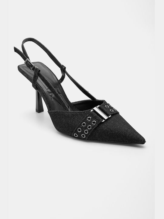 Damen Jean Spitzpumps mit einzigartigem Absatz und dekorativem Riemen in Schwarz - Schwarz