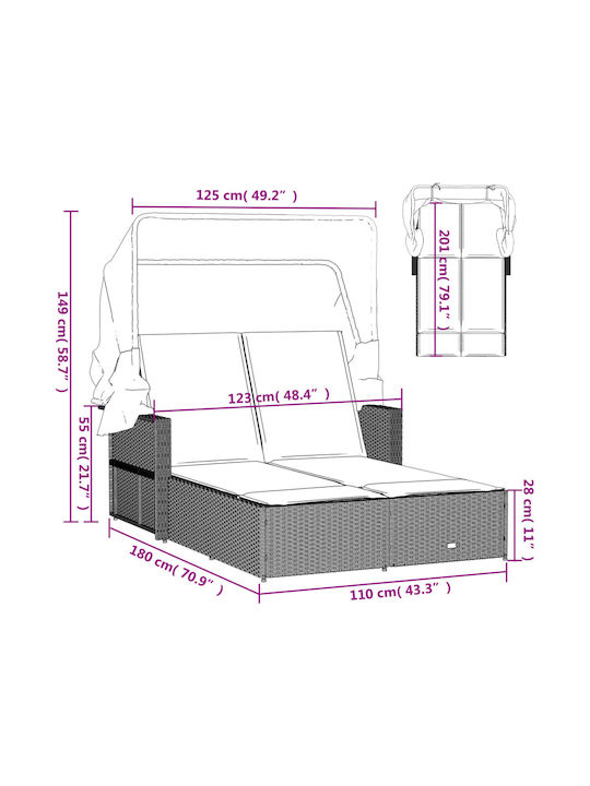 Sunbed Double Rattan with Cushion & Sunshade Black 110x201cm.
