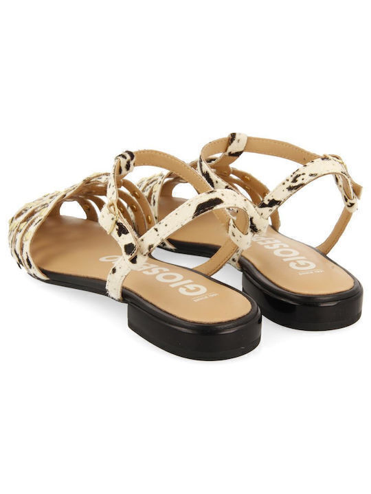 Leather Women's Flat Sandals with Strap in Ecru Color