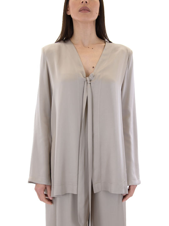 Women's Blouse Long Sleeve with V Neckline Beige