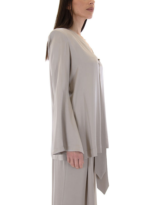 Women's Blouse Long Sleeve with V Neckline Beige