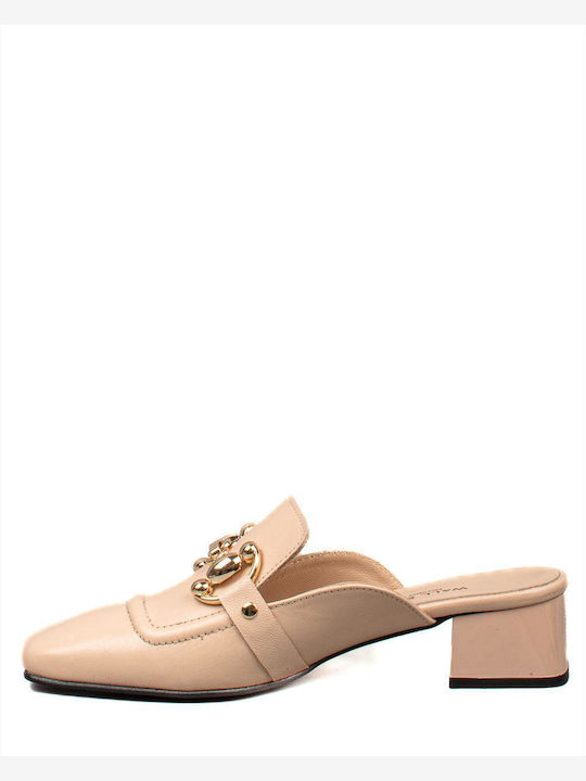 Wall Street Heel Leather Mules Beige