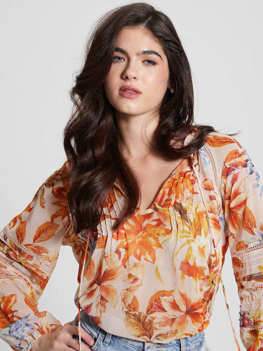 Guess Damen Bluse mit V-Ausschnitt Blumen Orange