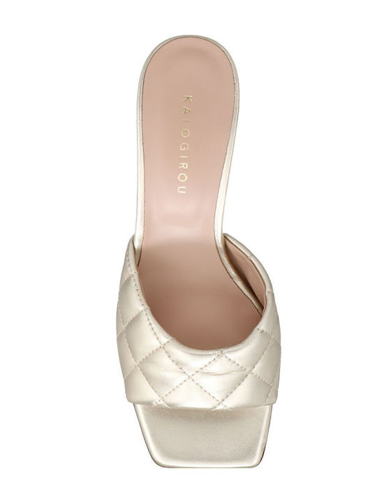 Leather Mules with Chunky Low Heel in Gold Color