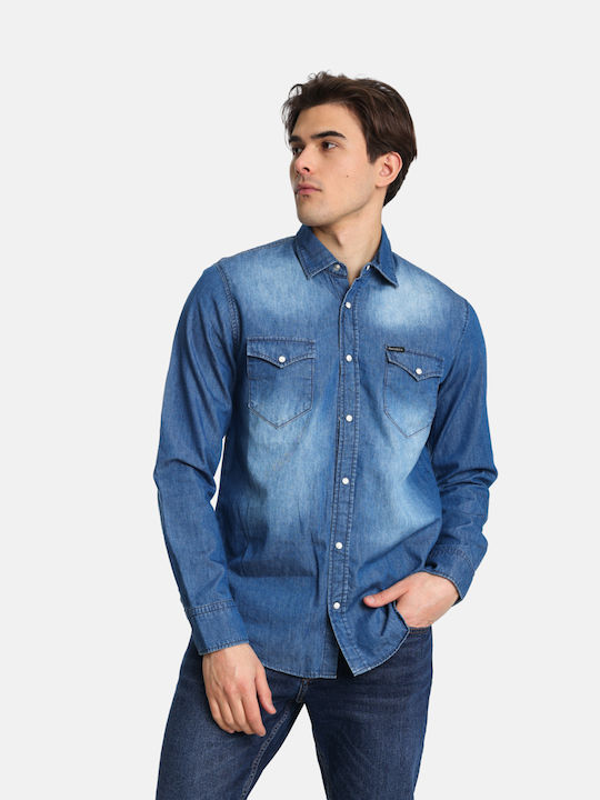 Paco & Co Cămașă Bărbătească Cu mânecă lungă Denim Albastru