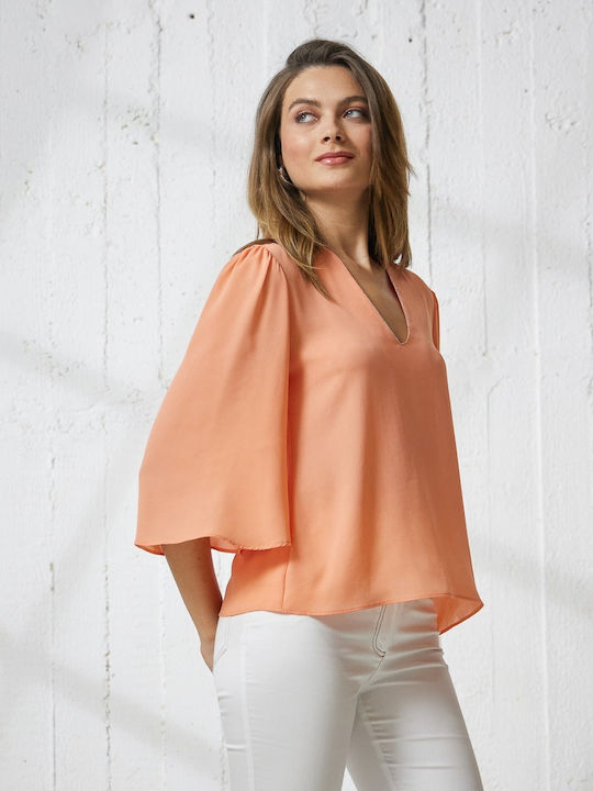 Enzzo Damen Sommer Bluse Langärmelig mit V-Ausschnitt Peach