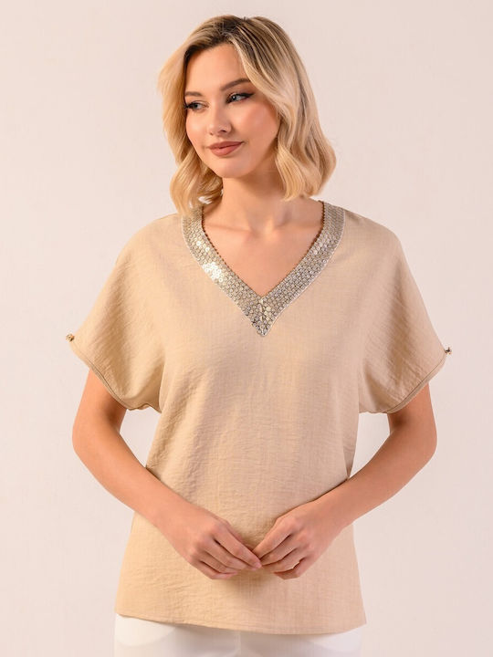 Derpouli Damen Sommer Bluse Kurzärmelig mit V-Ausschnitt Beige