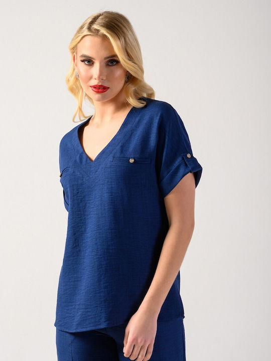 Derpouli Women's Summer Blouse Short Sleeve with V Neckline Blue