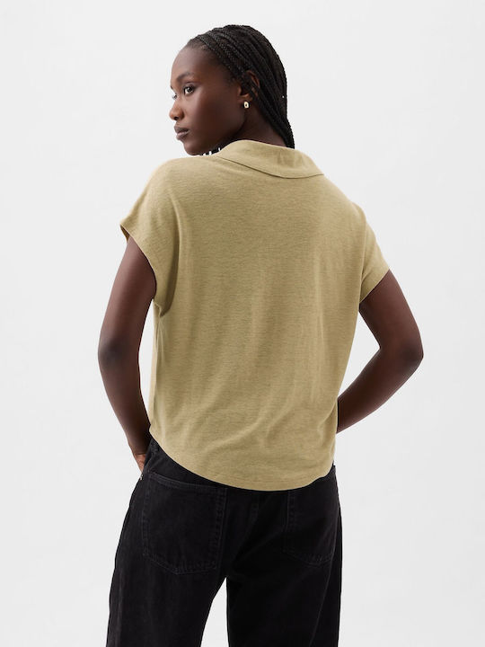 GAP Linen-blend Women's Polo Blouse Short Sleeve Khaki Tan