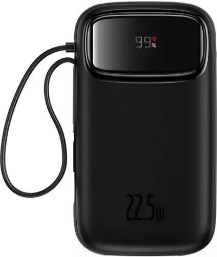 Baseus Qpow 2 Power Bank 10.000mah 22.5w Με Θύρες 1xusb-a, 1xusb-c & Ενσωματωμένα Καλώδια Lightning & Usb-c, Μαύρο