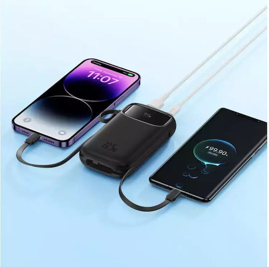 Baseus Qpow 2 Power Bank 10.000mah 22.5w Με Θύρες 1xusb-a, 1xusb-c & Ενσωματωμένα Καλώδια Lightning & Usb-c, Μαύρο