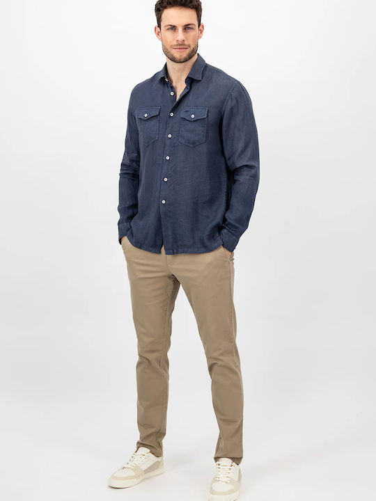 Fynch Hatton Men's Shirt Overshirt Long Sleeve Linen Navy Blue