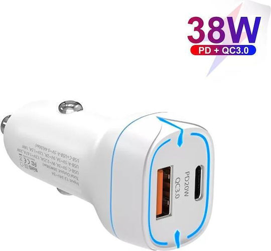 38w Pd20w + Qc3.0 Usb Car Charger cu cablu de date de la Usb la Micro Usb, lungime: 1m (alb)