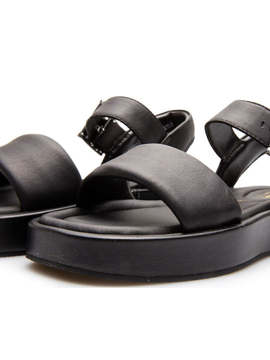 Alda Leather Women's Flat Sandals with Strap in Black Color