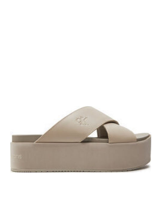 Δερμάτινα Γυναικεία Σανδάλια Flatforms Μπεζ