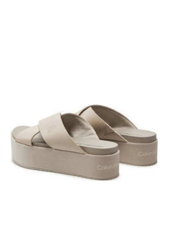 Δερμάτινα Γυναικεία Σανδάλια Flatforms Μπεζ