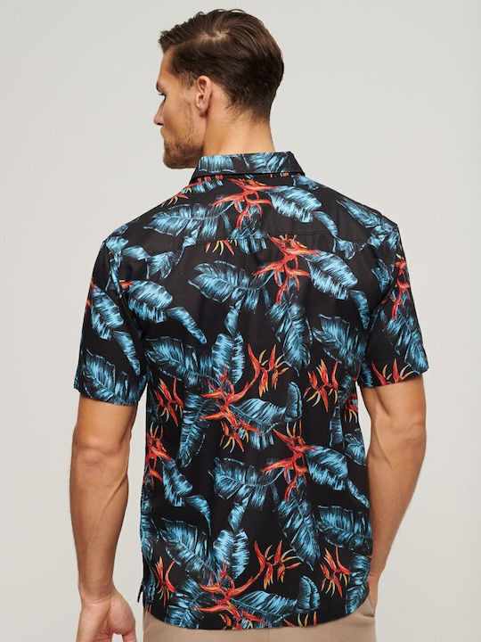 HAWAIIAN Short-sleeved Cotton Shirt Floral Darkblue