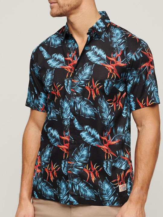 HAWAIIAN Short-sleeved Cotton Shirt Floral Darkblue