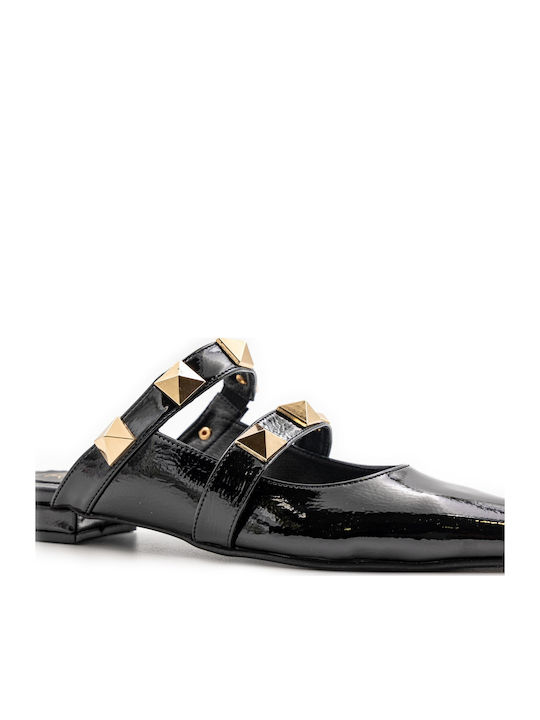 Flat Mules από Λουστρίνι σε Μαύρο Χρώμα